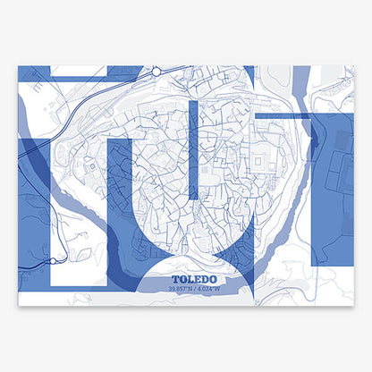Poster of Toledo composed with letters from its abbreviation or its airport IATA code printed on navy blue and white