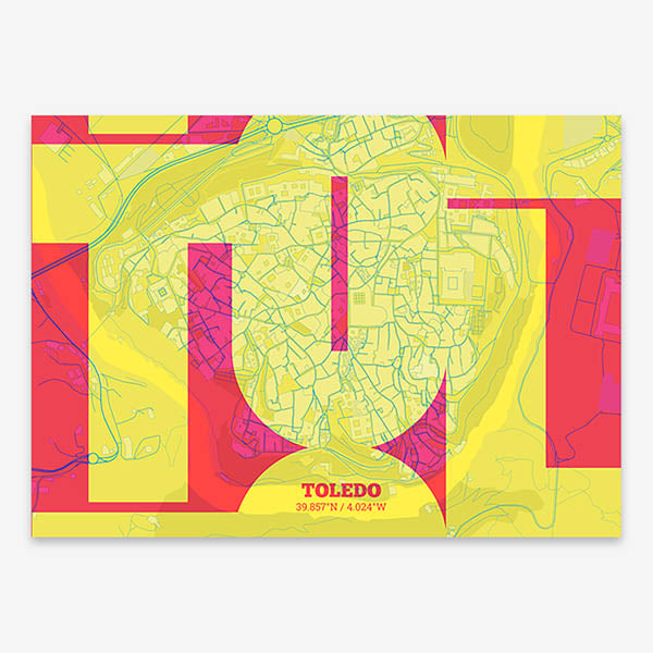 Poster of Toledo composed with letters from its abbreviation or its airport IATA code printed on yellow and fuchsia