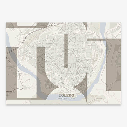 Poster of Toledo composed with letters from its abbreviation or its airport IATA code printed on light brown and an off-white background