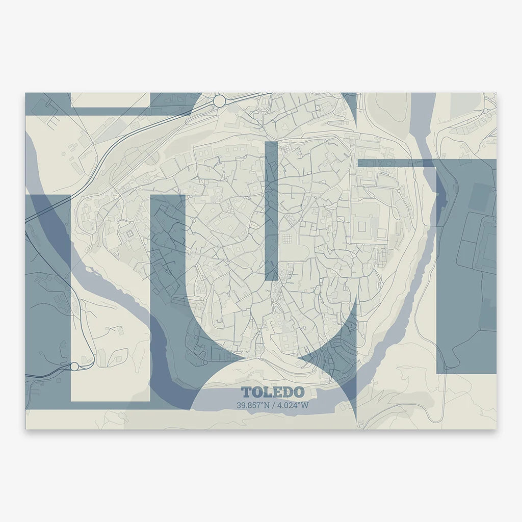 Poster of Toledo composed with letters from its abbreviation or its airport IATA code printed on bluish gray and an off-white background