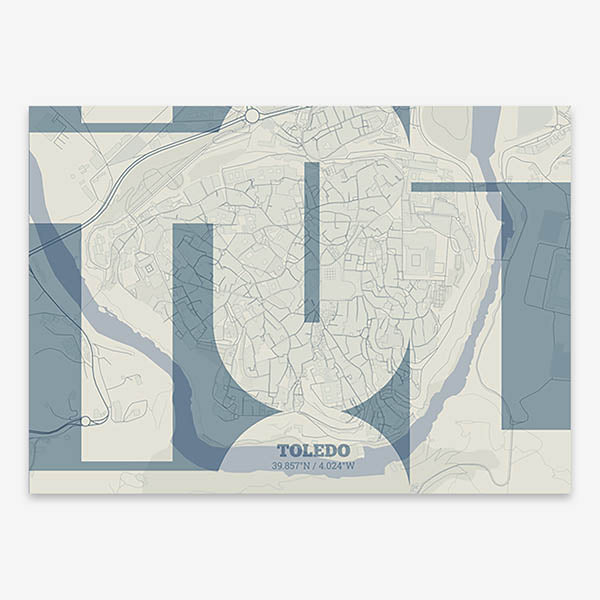 Poster of Toledo composed with letters from its abbreviation or its airport IATA code printed on bluish gray and an off-white background