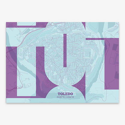 Poster of Toledo composed with letters from its abbreviation or its airport IATA code printed on purple and light blue
