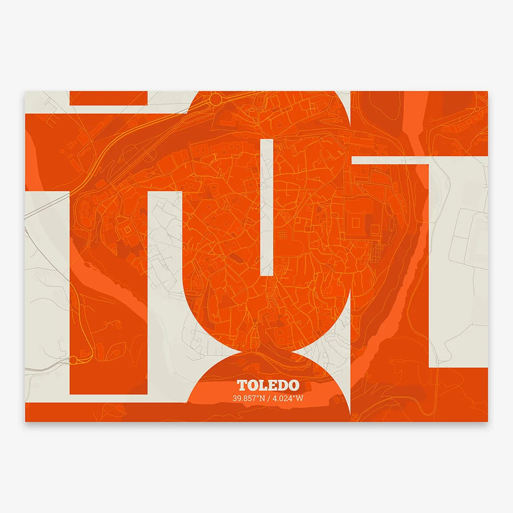 Poster of Toledo composed with letters from its abbreviation or its airport IATA code printed on orange and an off-white background