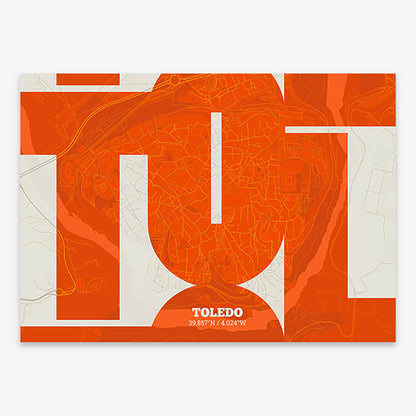 Poster of Toledo composed with letters from its abbreviation or its airport IATA code printed on orange and an off-white background