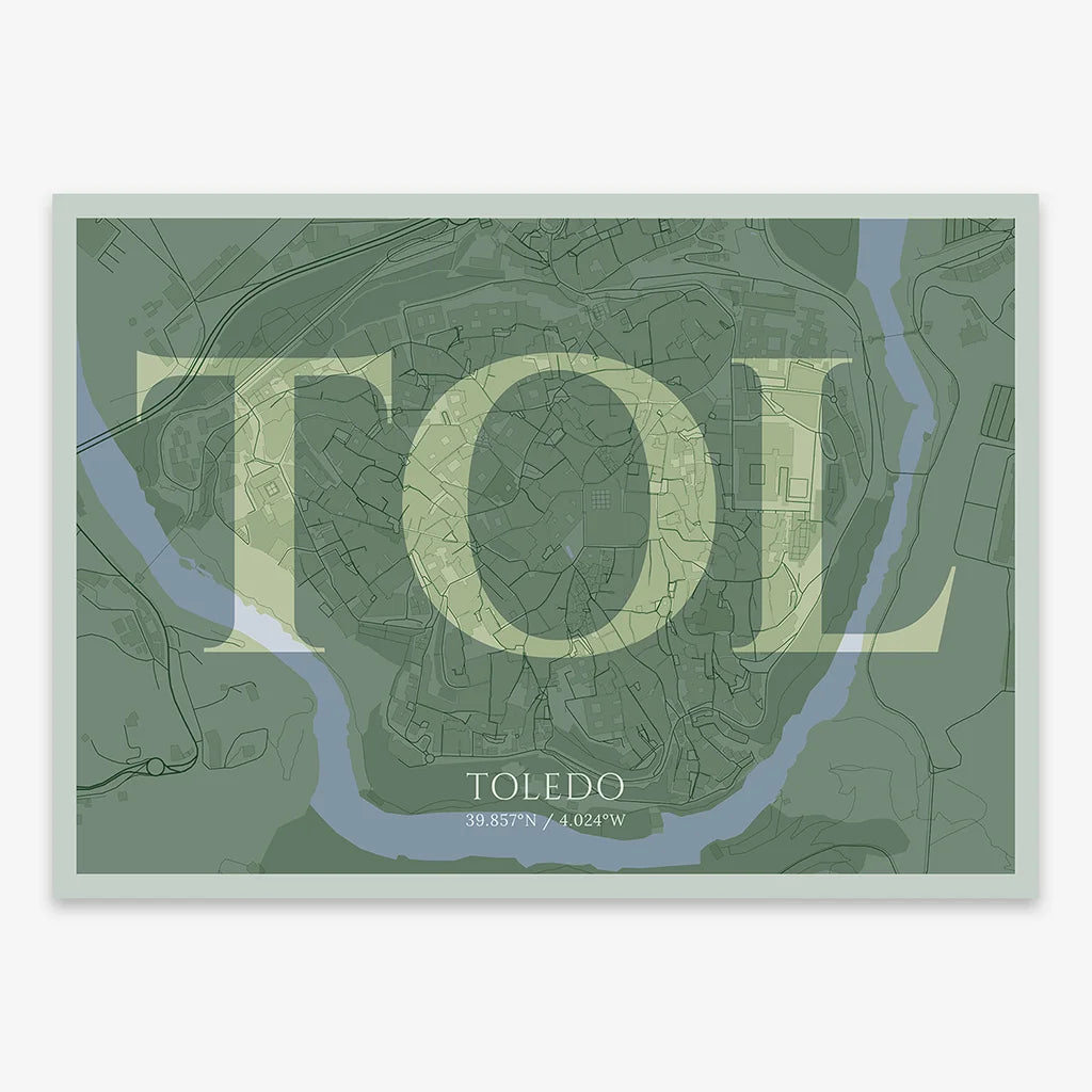 Decorative map of Toledo composed with letters in serif font printed on two green tones