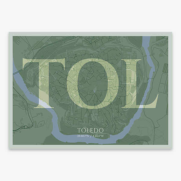 Decorative map of Toledo composed with letters in serif font printed on two green tones