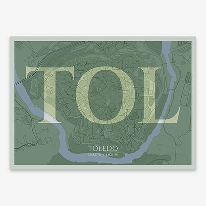 Decorative map of Toledo composed with letters in serif font printed on two green tones