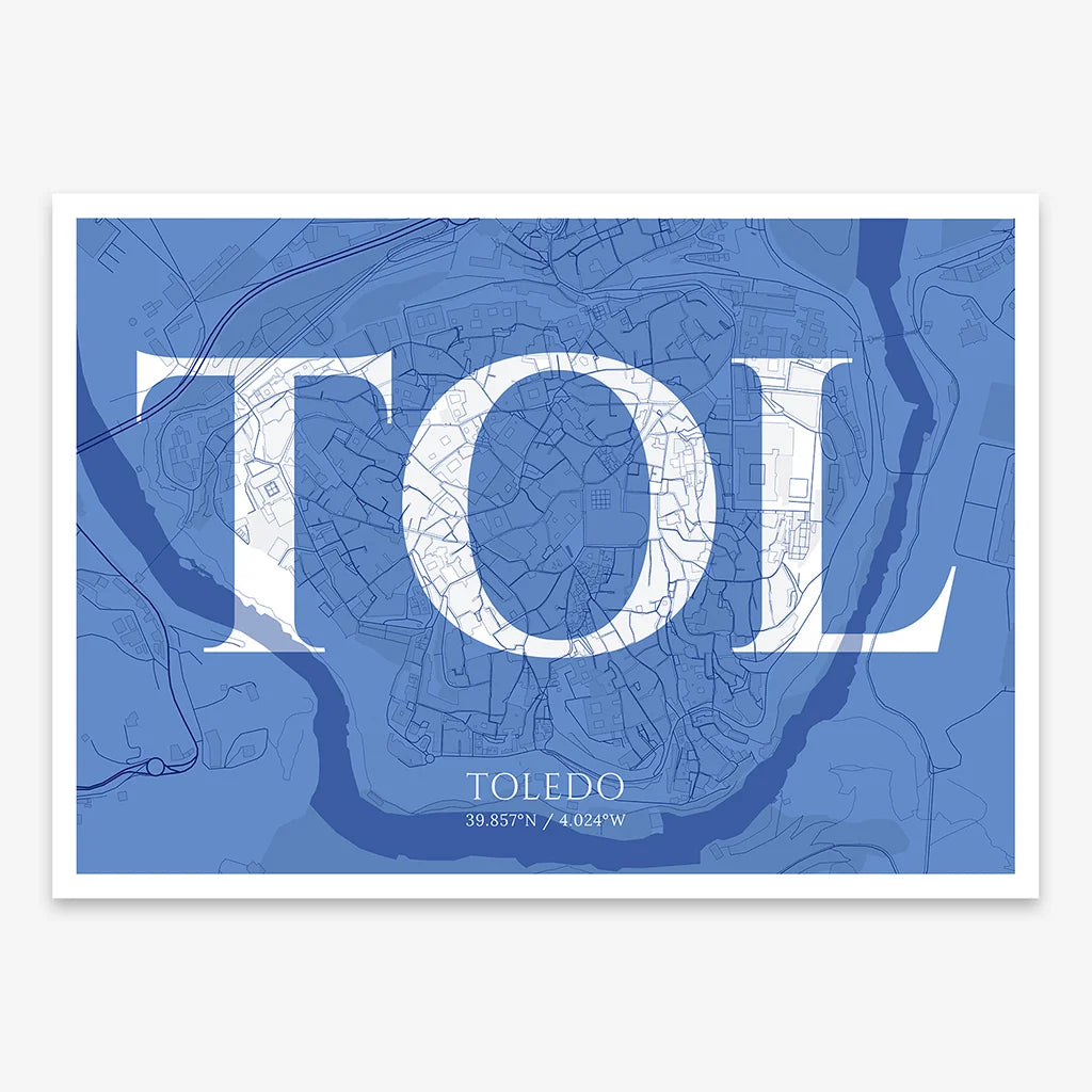 Decorative map of Toledo composed with letters in serif font printed on navy blue and white