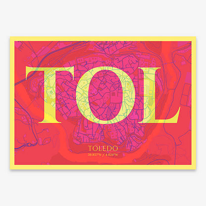 Decorative map of Toledo composed with letters in serif font printed on yellow and fuchsia