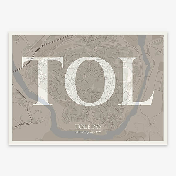 Decorative map of Toledo composed with letters in serif font printed on light brown and an off-white background