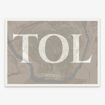 Decorative map of Toledo composed with letters in serif font printed on light brown and an off-white background