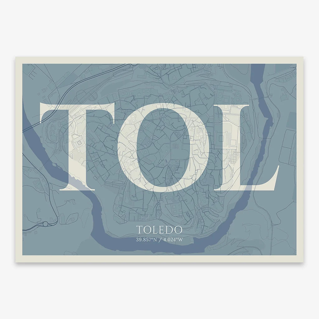 Decorative map of Toledo composed with letters in serif font printed on bluish gray and an off-white background