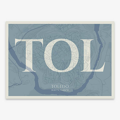 Decorative map of Toledo composed with letters in serif font printed on bluish gray and an off-white background
