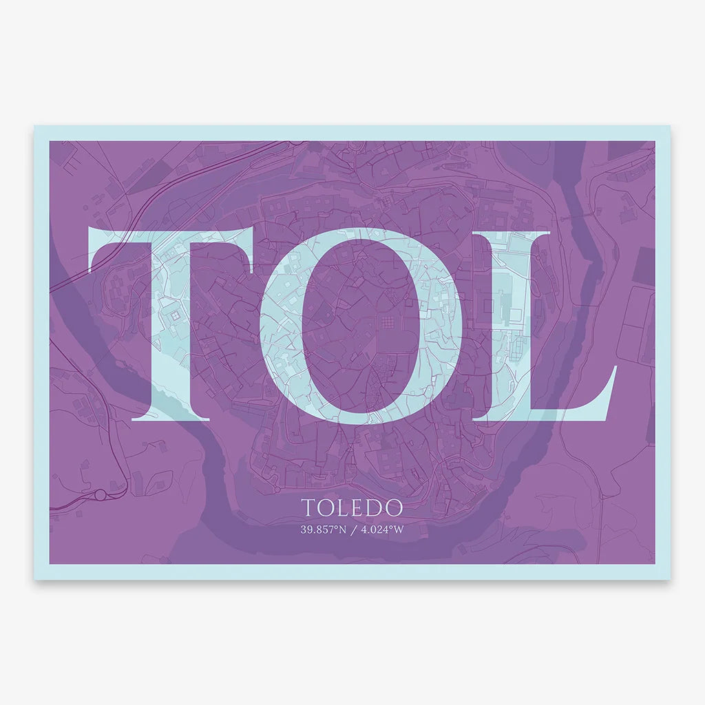 Decorative map of Toledo composed with letters in serif font printed on purple and light blue
