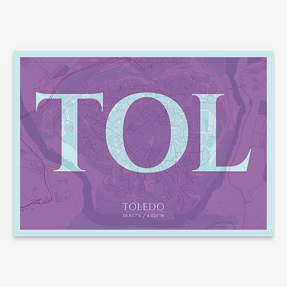 Decorative map of Toledo composed with letters in serif font printed on purple and light blue