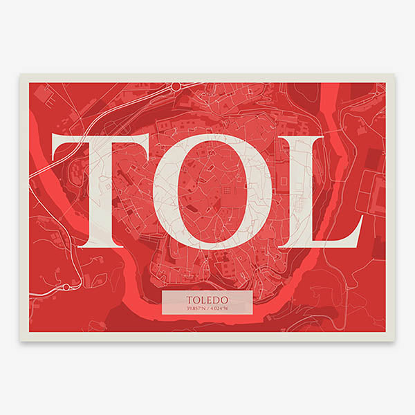 Decorative map of Toledo composed with letters in serif font printed on red and an off-white background