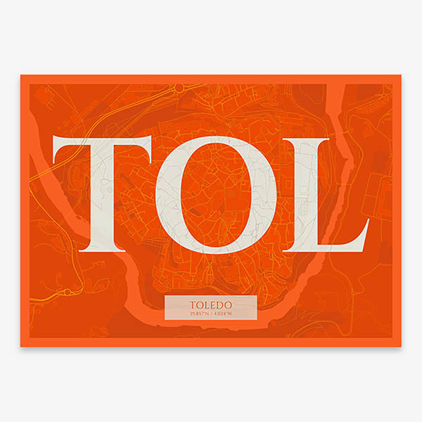 Decorative map of Toledo composed with letters in serif font printed on orange and an off-white background