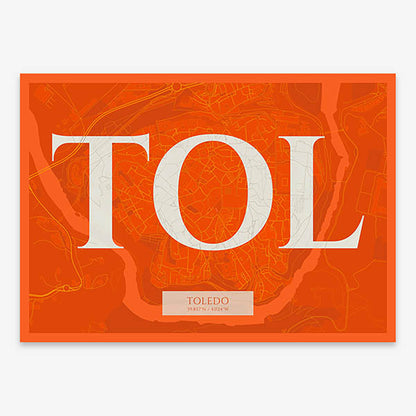 Decorative map of Toledo composed with letters in serif font printed on orange and an off-white background