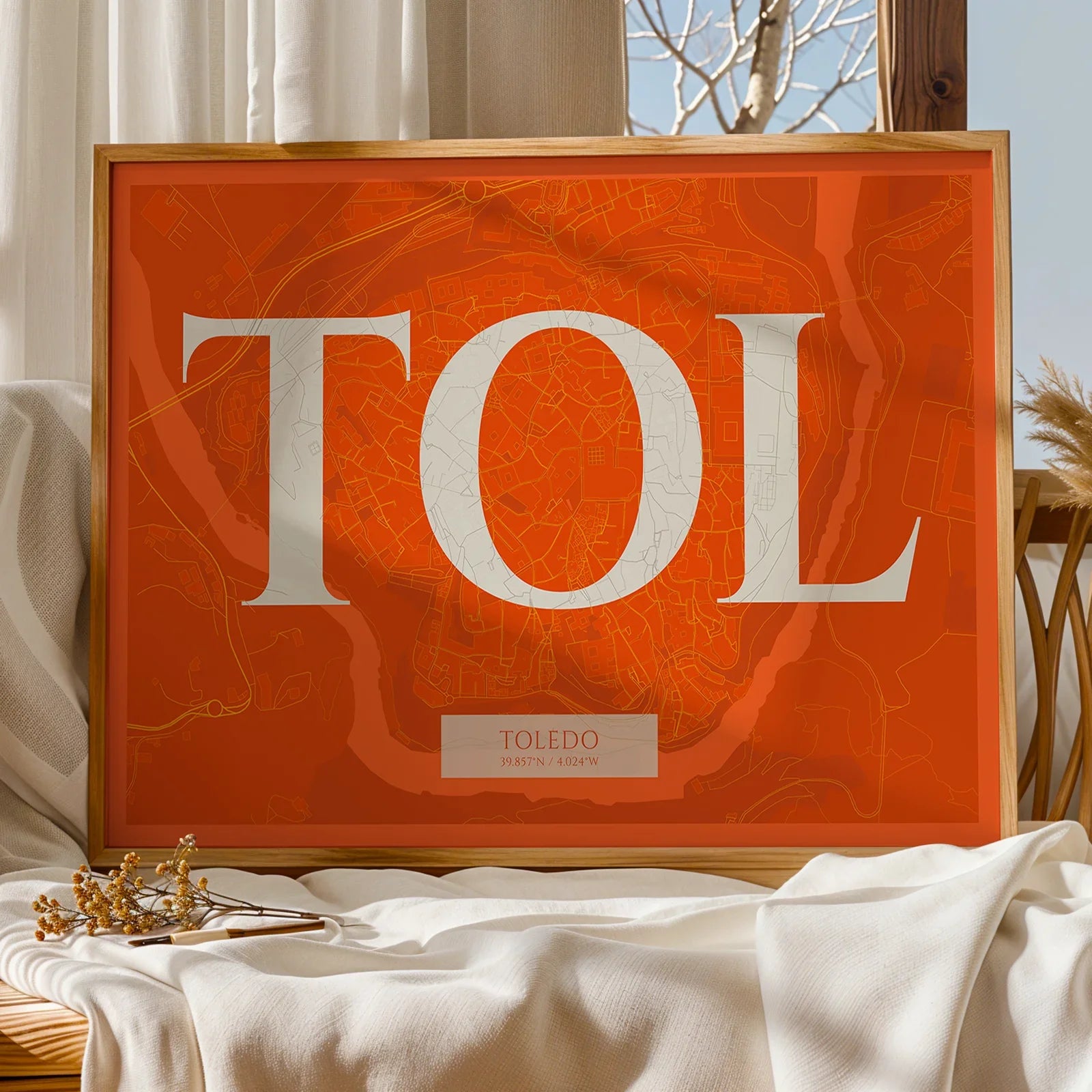Modern interior design with a Toledo in Classic design, inspired by chiseled typography with an elegant font that creates a beautiful visual contrast designed in orange and an off-white background, displayed on a living room wall
