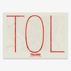 The map of Toledo in Ultralight design, a minimalist aesthetic combining urban cartography with modern, extra-thin elegant lettering designed in red and an off-white background