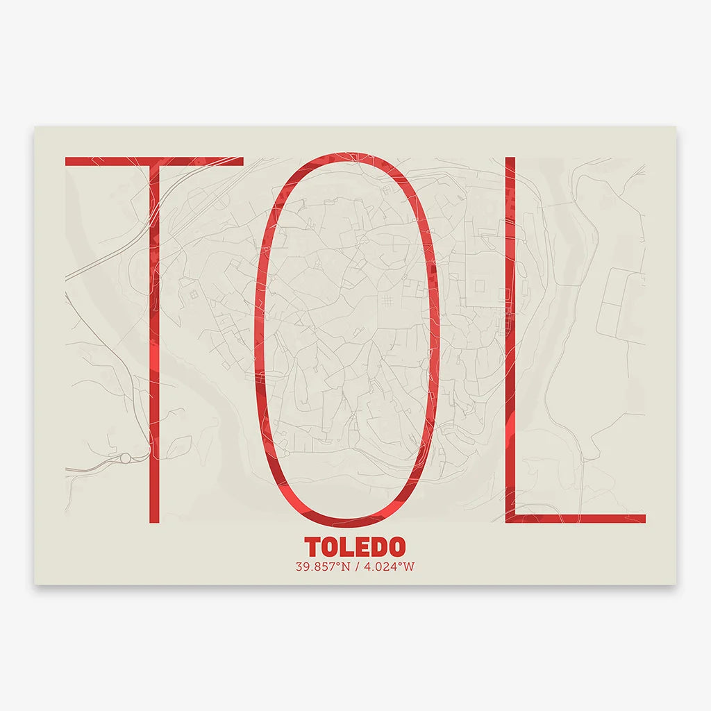 Poster of Toledo composed with letters in extra light font printed on red and an off-white background