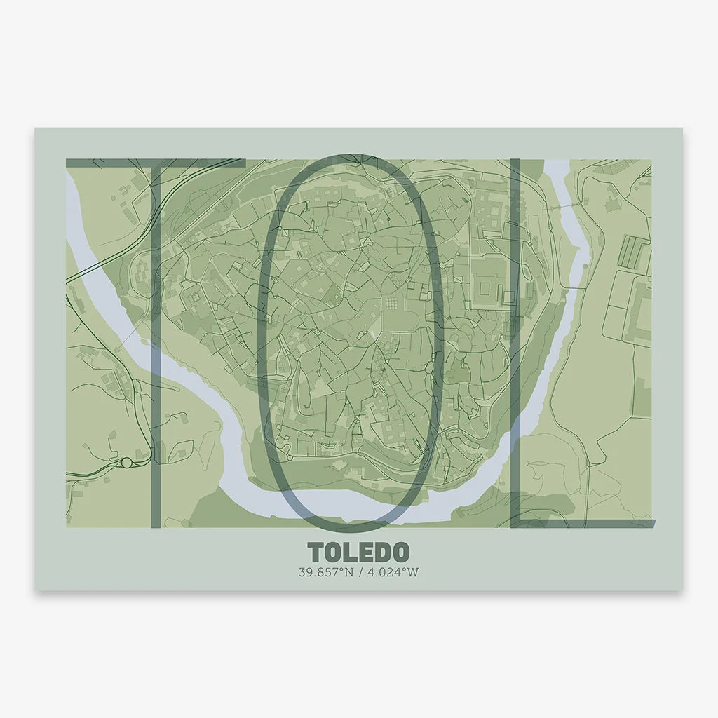 Poster of Toledo composed with letters in extra light font printed on two green tones