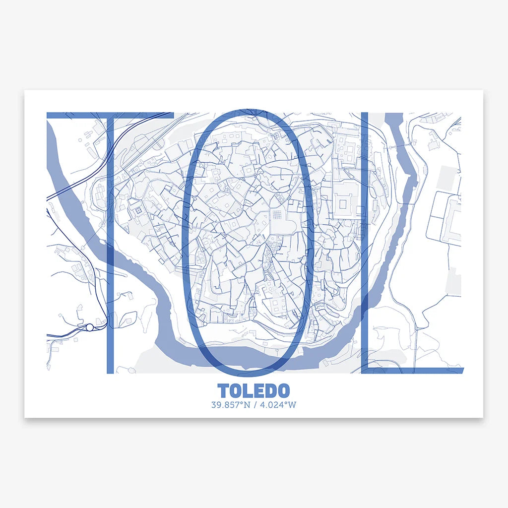 Poster of Toledo composed with letters in extra light font printed on navy blue and white