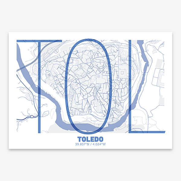Poster of Toledo composed with letters in extra light font printed on navy blue and white