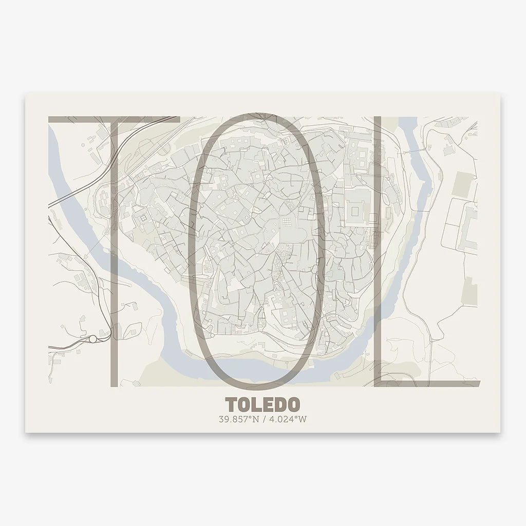 Poster of Toledo composed with letters in extra light font printed on light brown and an off-white background