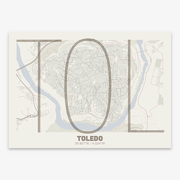 Poster of Toledo composed with letters in extra light font printed on light brown and an off-white background