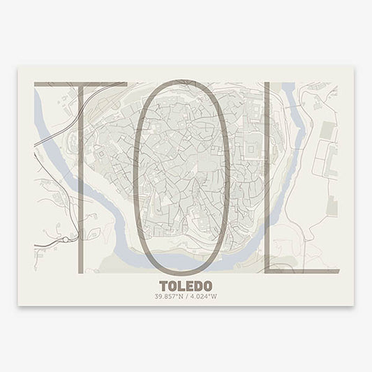 Poster of Toledo composed with letters in extra light font printed on light brown and an off-white background