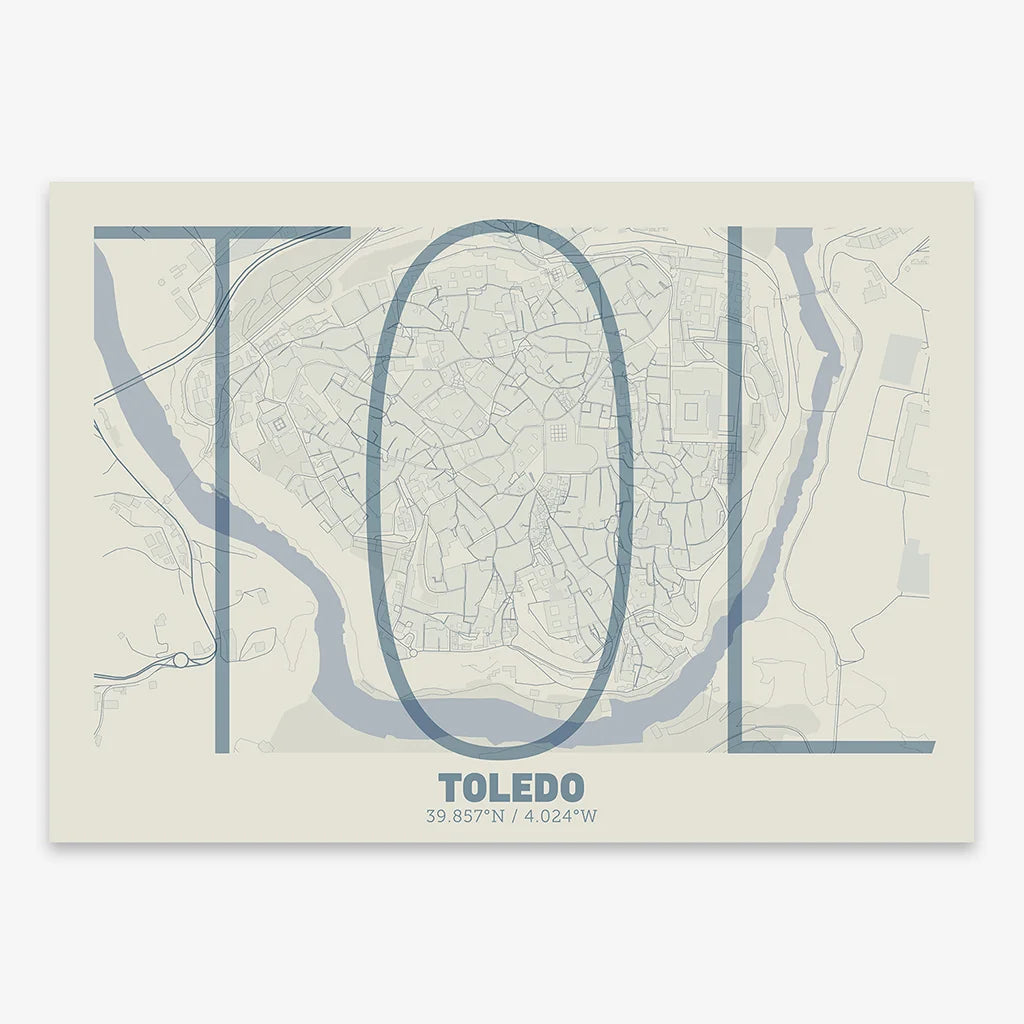 Poster of Toledo composed with letters in extra light font printed on bluish gray and an off-white background