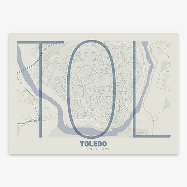 Poster of Toledo composed with letters in extra light font printed on bluish gray and an off-white background