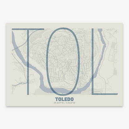Poster of Toledo composed with letters in extra light font printed on bluish gray and an off-white background