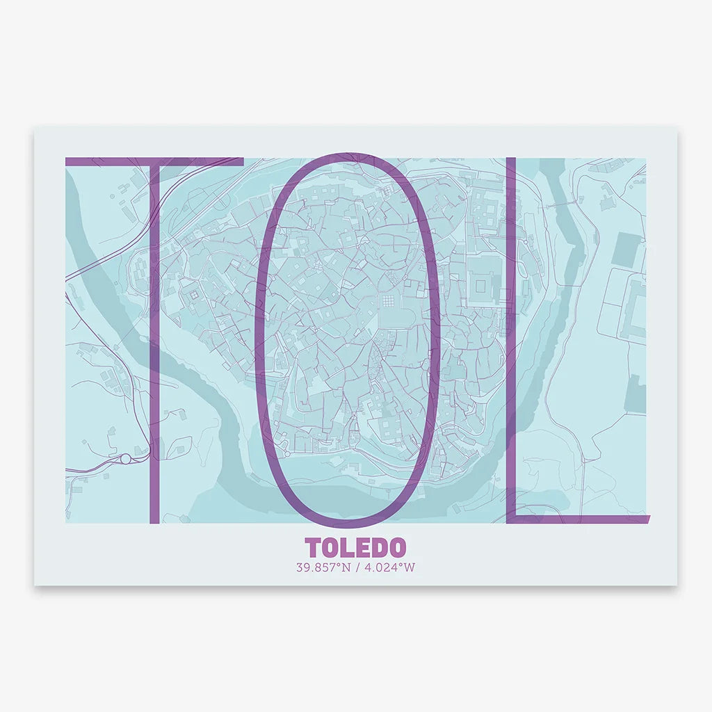 Poster of Toledo composed with letters in extra light font printed on purple and light blue
