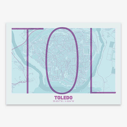 Poster of Toledo composed with letters in extra light font printed on purple and light blue