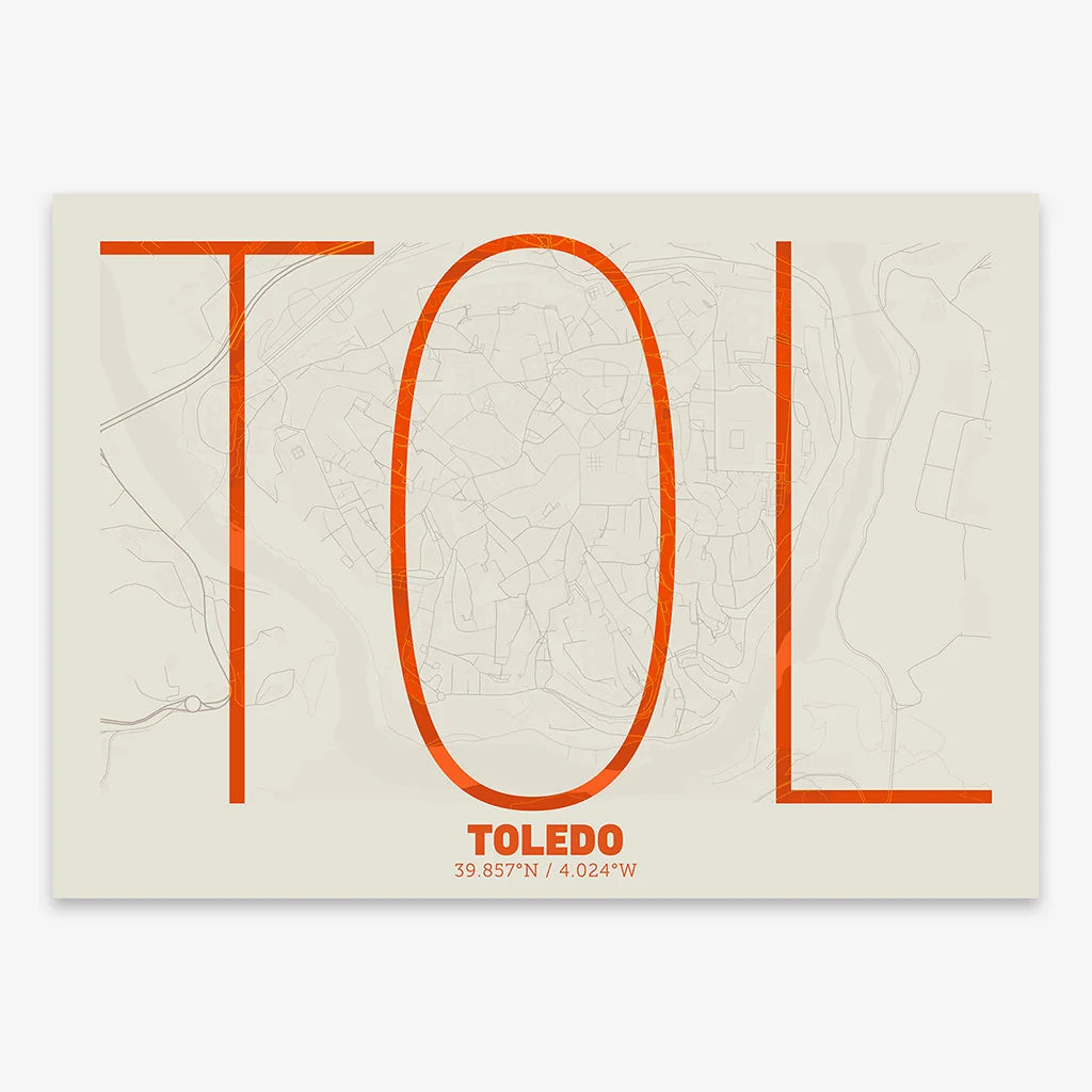 Poster of Toledo composed with letters in extra light font printed on orange and an off-white background