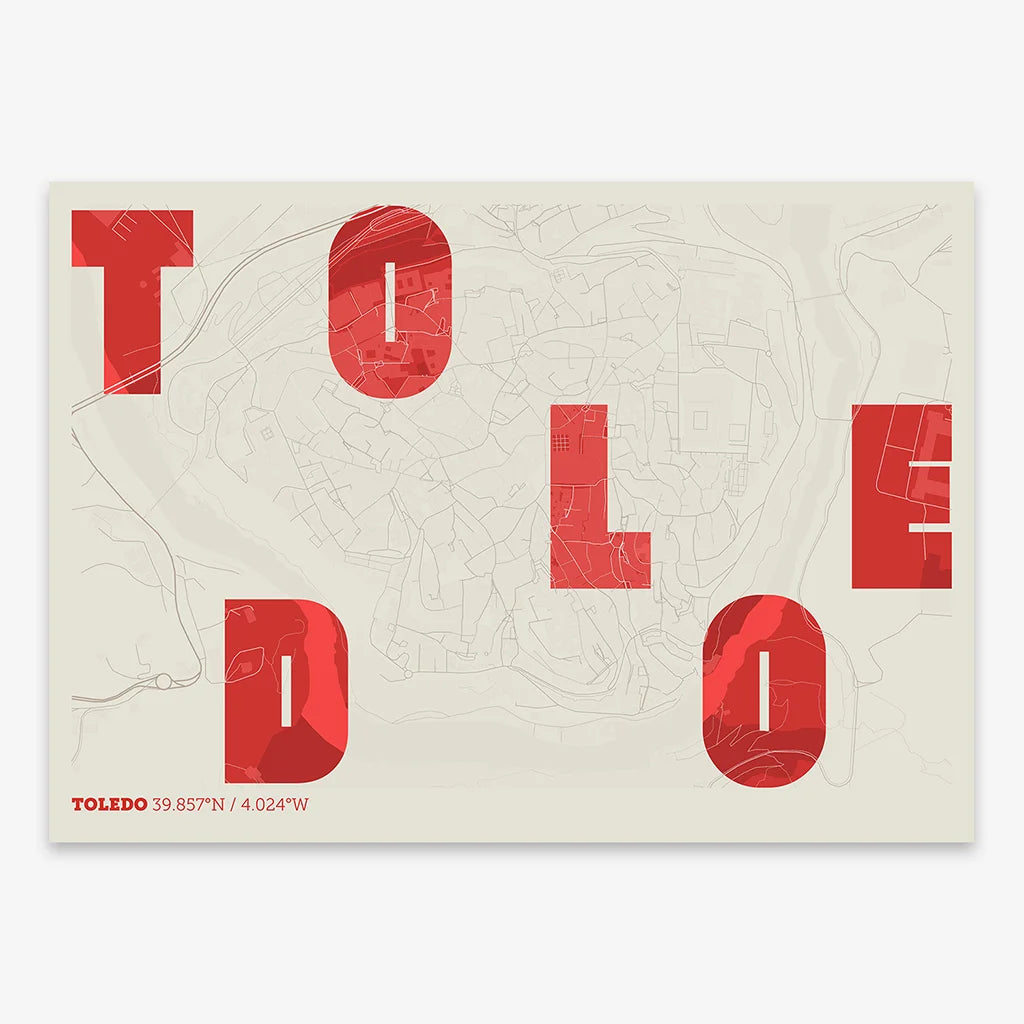 Decorative print of Toledo with letters of its name placed randomly, designed in red and an off-white background