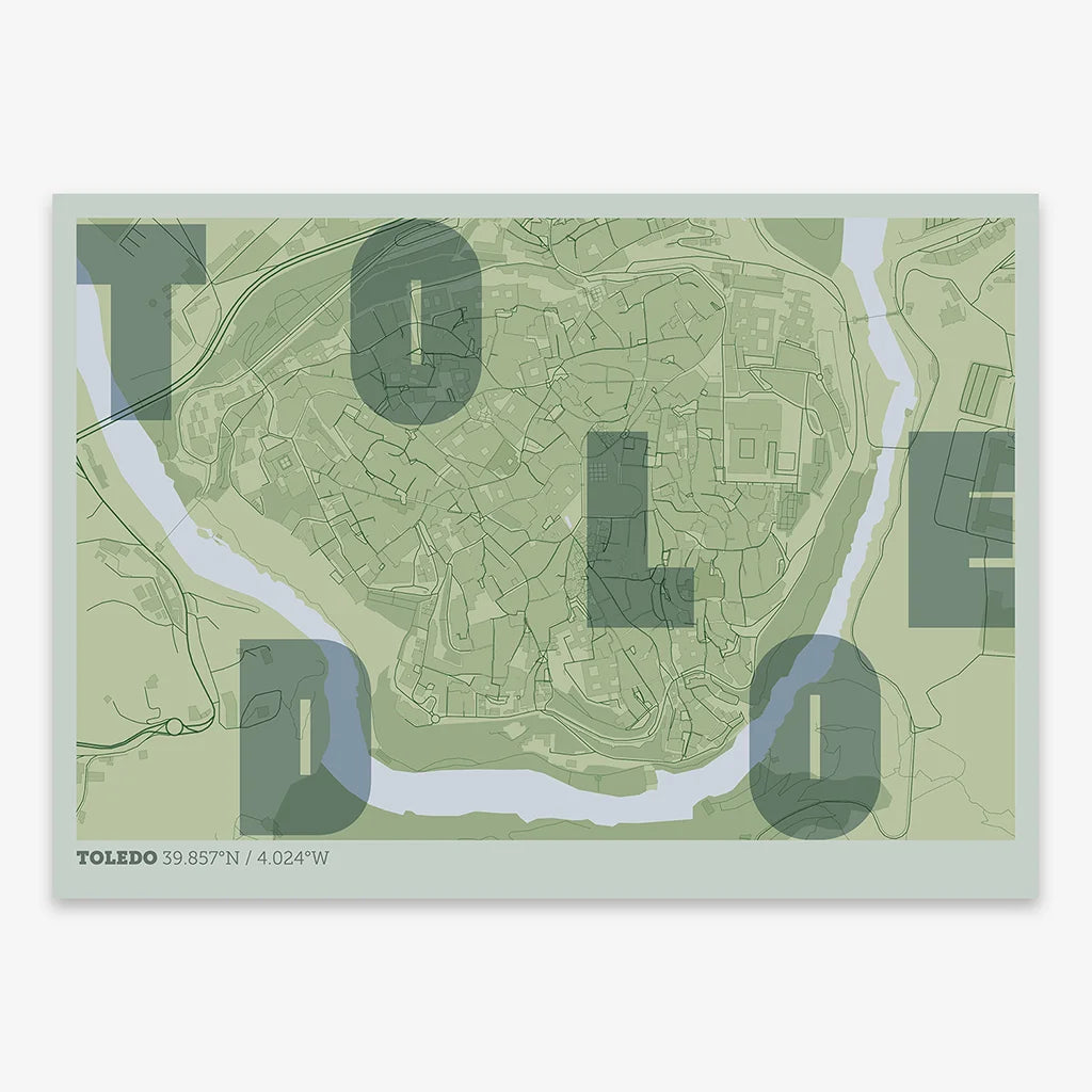 Decorative print of Toledo with letters of its name placed randomly, designed in two green tones