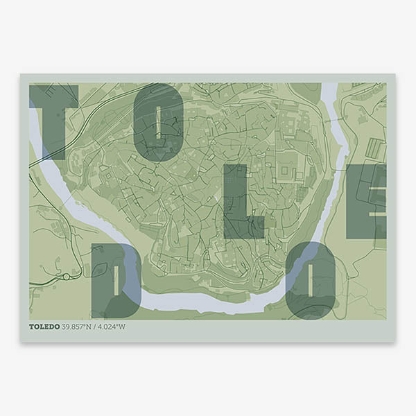 Decorative print of Toledo with letters of its name placed randomly, designed in two green tones