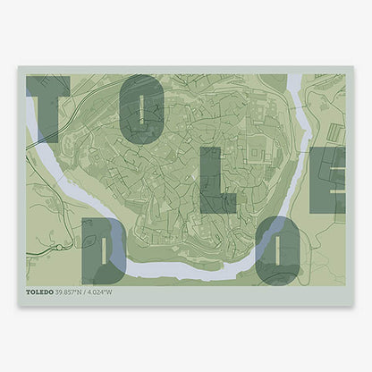 Decorative print of Toledo with letters of its name placed randomly, designed in two green tones