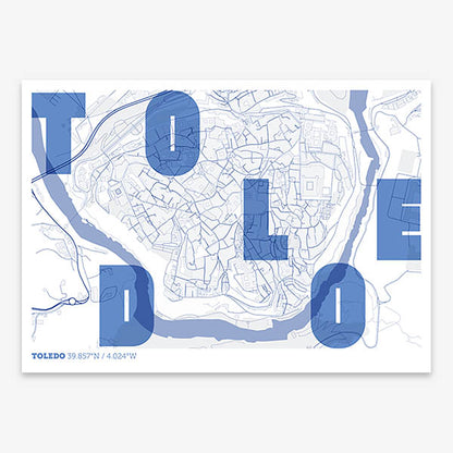 Decorative print of Toledo with letters of its name placed randomly, designed in navy blue and white