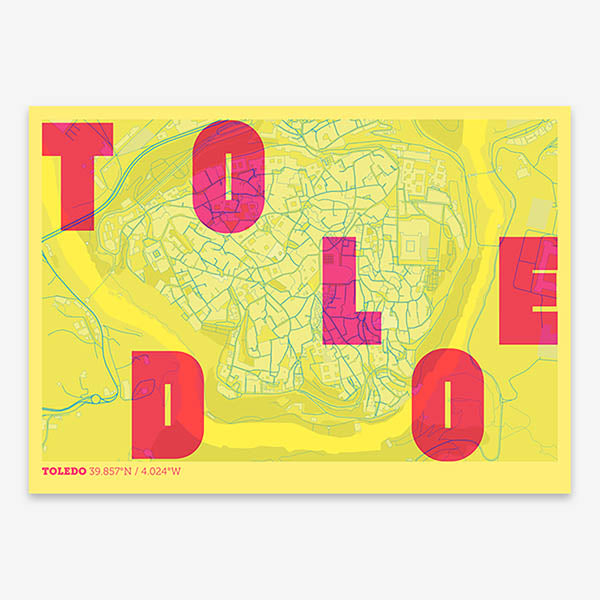 Decorative print of Toledo with letters of its name placed randomly, designed in yellow and fuchsia