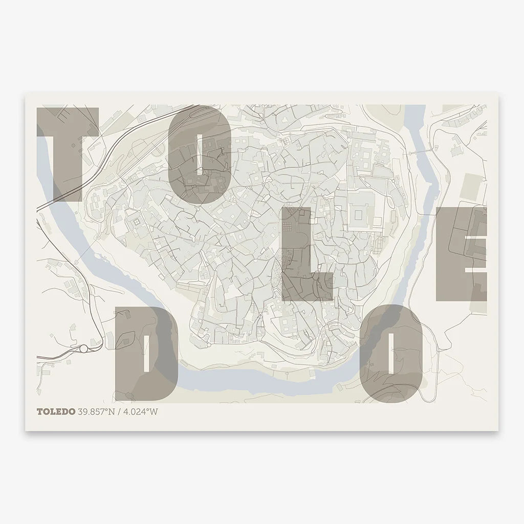 Decorative print of Toledo with letters of its name placed randomly, designed in light brown and an off-white background