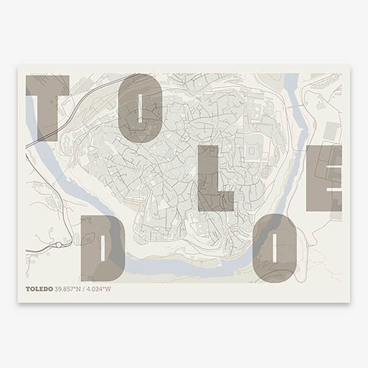 Decorative print of Toledo with letters of its name placed randomly, designed in light brown and an off-white background
