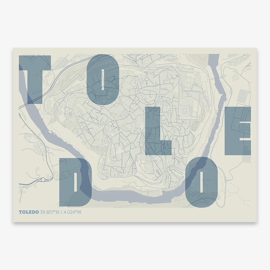 Decorative print of Toledo with letters of its name placed randomly, designed in navy blue and white