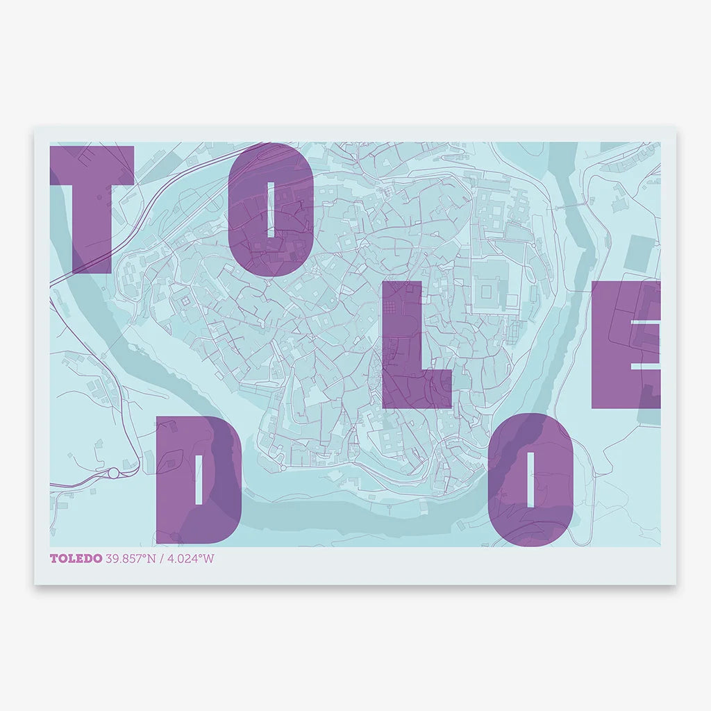 Decorative print of Toledo with letters of its name placed randomly, designed in purple and light blue