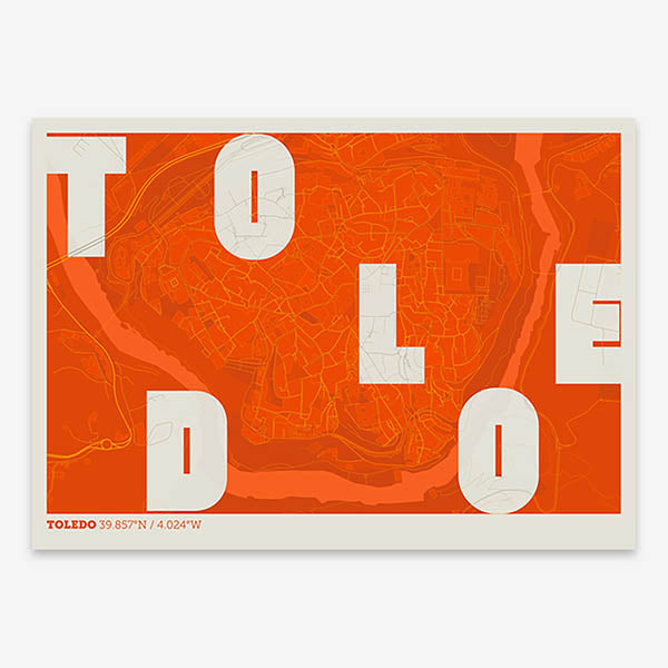 Decorative print of Toledo with letters of its name placed randomly, designed in orange and an off-white background