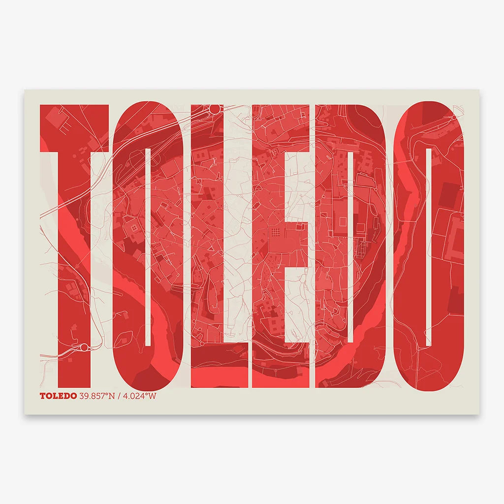 Mapa de Toledo en el diseño la Extra Comprimida, donde las letras se ajustan al ancho del mapa de la ciudad diseñado en rojo y fondo blanco roto