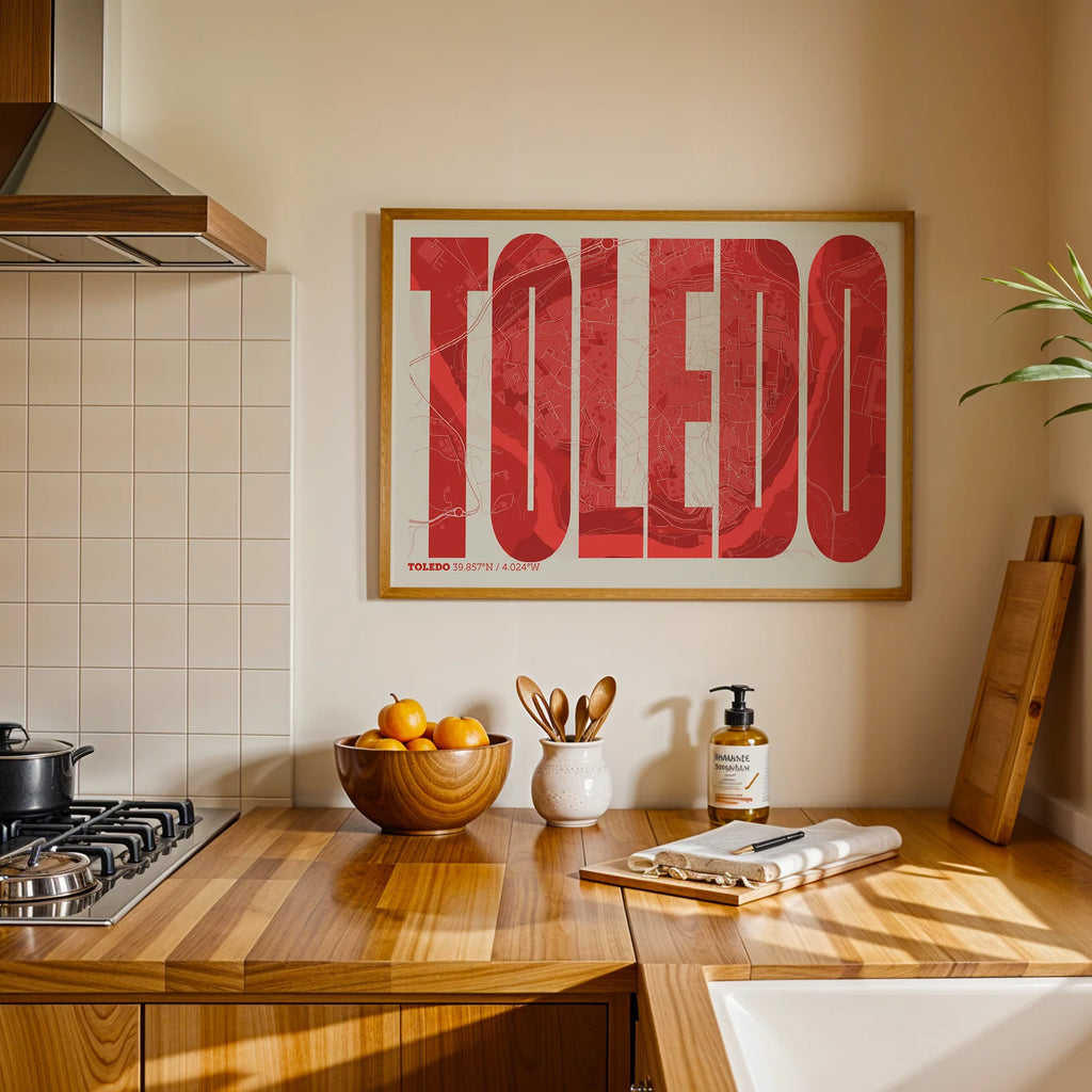 Diseño de interiores moderno con la lámina de Toledo en el diseño la Extra Comprimida, donde las letras se ajustan al ancho del mapa de la ciudad diseñado en rojo y fondo blanco roto, expuesto en la pared de un salón